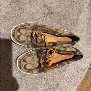 Coach Signature Canvas Boat Shoes in Brown and Tan